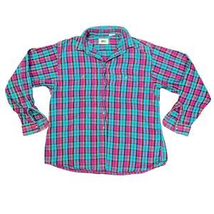 REI Shirt Womens Large Pink Green Plaid Flannel Button Up Hiking Outdoor Camping